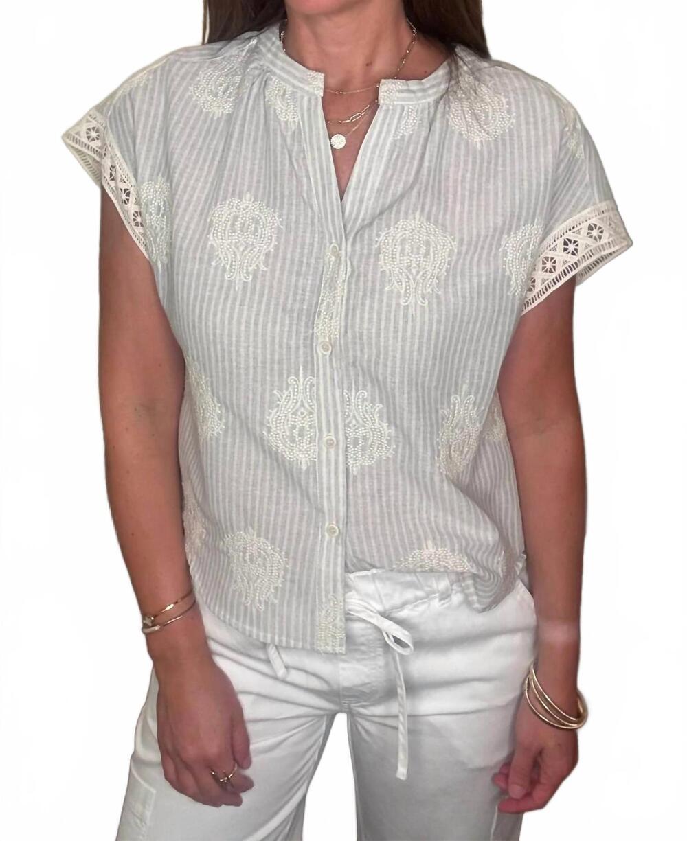 NEW SEE U SOON women's embroidered stripe button up top in white